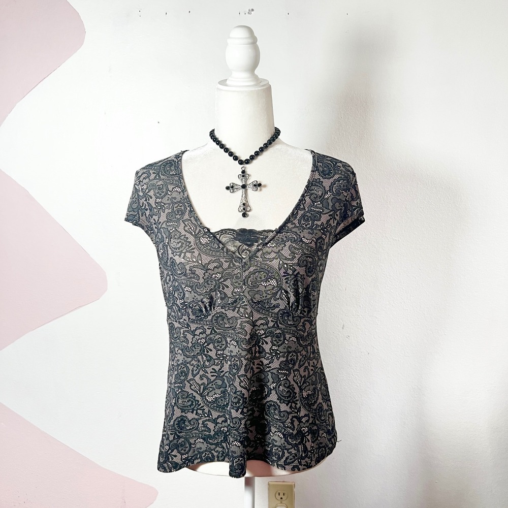 VTG Y2K Babydoll Top Size Large Black Lace Fairy Grunge Gothic Indie Sleaze